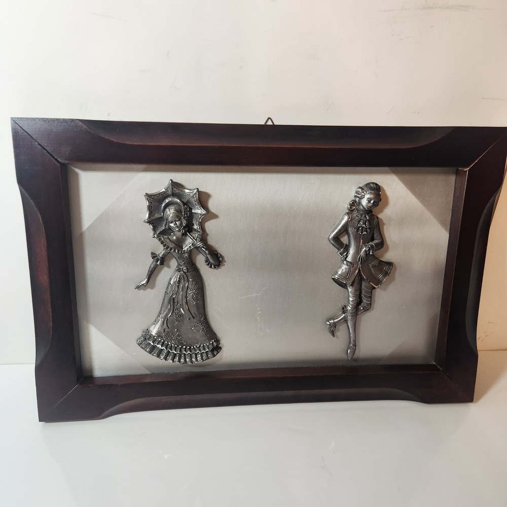 Vintage 3D Silver Relief Wall Art Victorian Couple Dark Wood Frame 15.5x9.5
